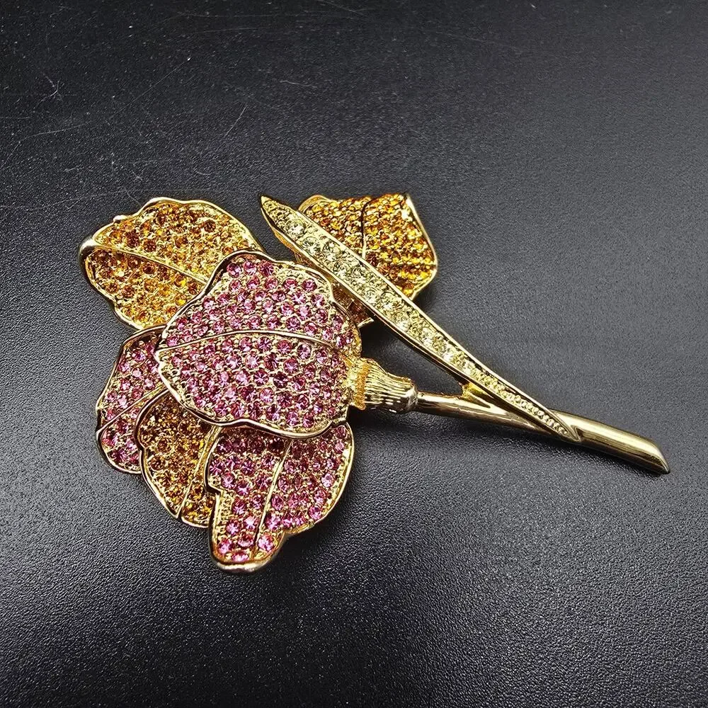 Orange Pink Rhinestone Flower Brooch Gold Tone Costume Jewelry